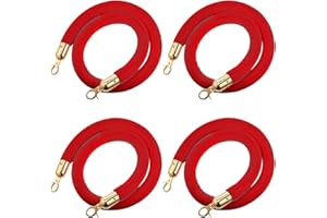 Hrokz 5 Ft Velvet Stanchion Ropes Red, 4 Pack Crowd Control Rope Safety Queue Barrier with Gold Hook, VIP Rope for Party Events Decor