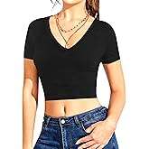 1 & 9 Crop Tops for Women Short Sleeve V Neck Sexy Going Out Tops Cute Shirts Basic Tees for Women's Summer Y2k Fashion