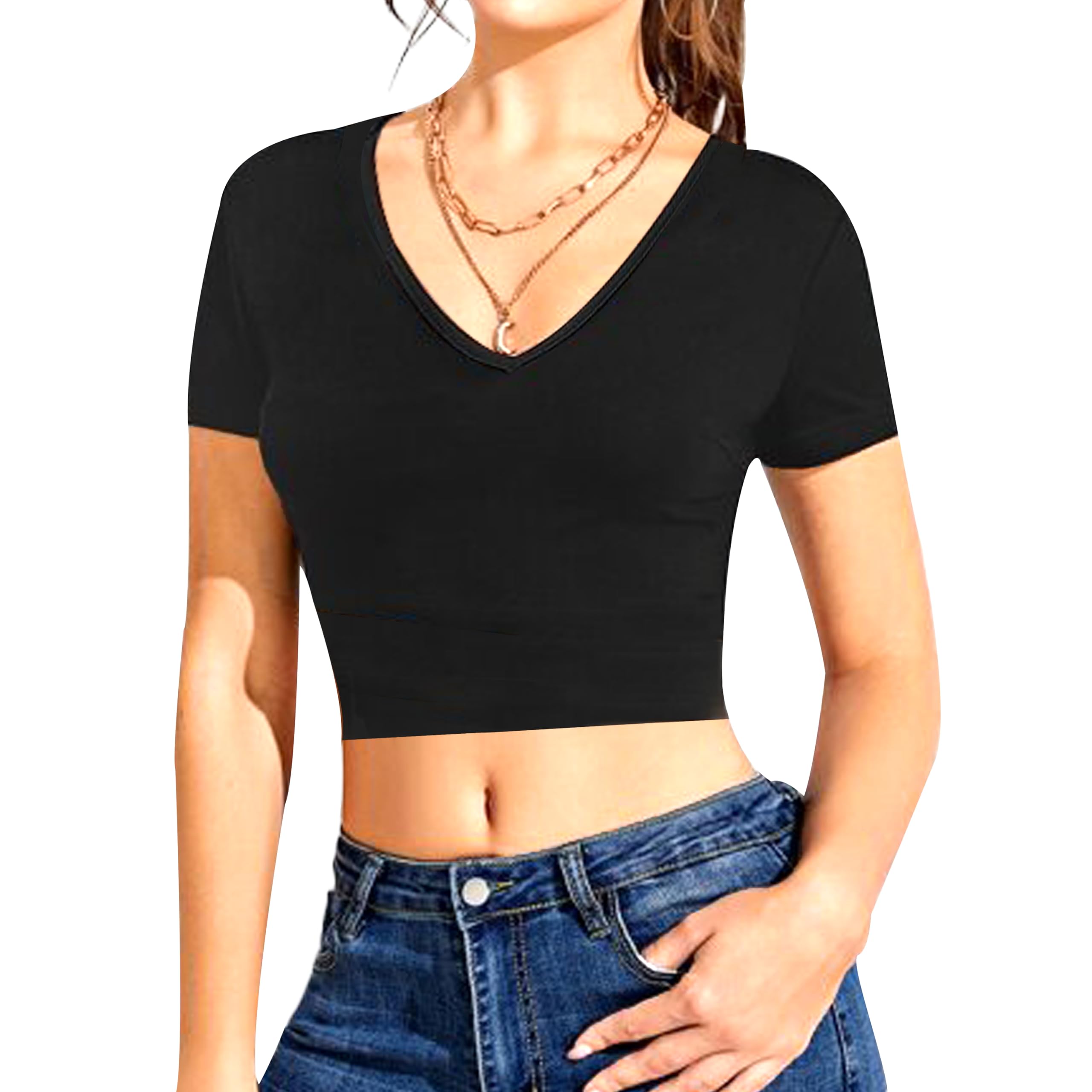 Photo 1 of 1 & 9 Crop Tops for Women Short Sleeve V Neck Sexy Going Out Tops Cute Shirts Basic Tees for Women's Summer Y2k Fashion (US, Alpha, Small, Regular, Regular, Black)