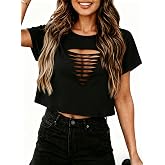 Remidoo Women's Distressed Crop Tops Punk Rock Ripped Short Sleeve T Shirts | Cut Out, Cropped Length, Tie dye, Concert, Rave