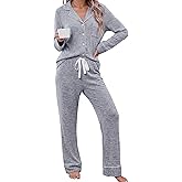 Leikar Button Up Pajama Set For Women Long Sleeve Shirt And Pajama Pants Soft Pjs Lounge Sets