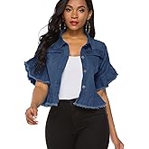 Suvimuga Women's Denim Jacket Button Down Distressed Ruffle Sleeve Crop Jean Jackets Coat