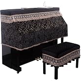 Mooson Luxury Velvet Piano Cover for Upright Pianos, Black with Gold Stars and Lace Trim, Quilted Top