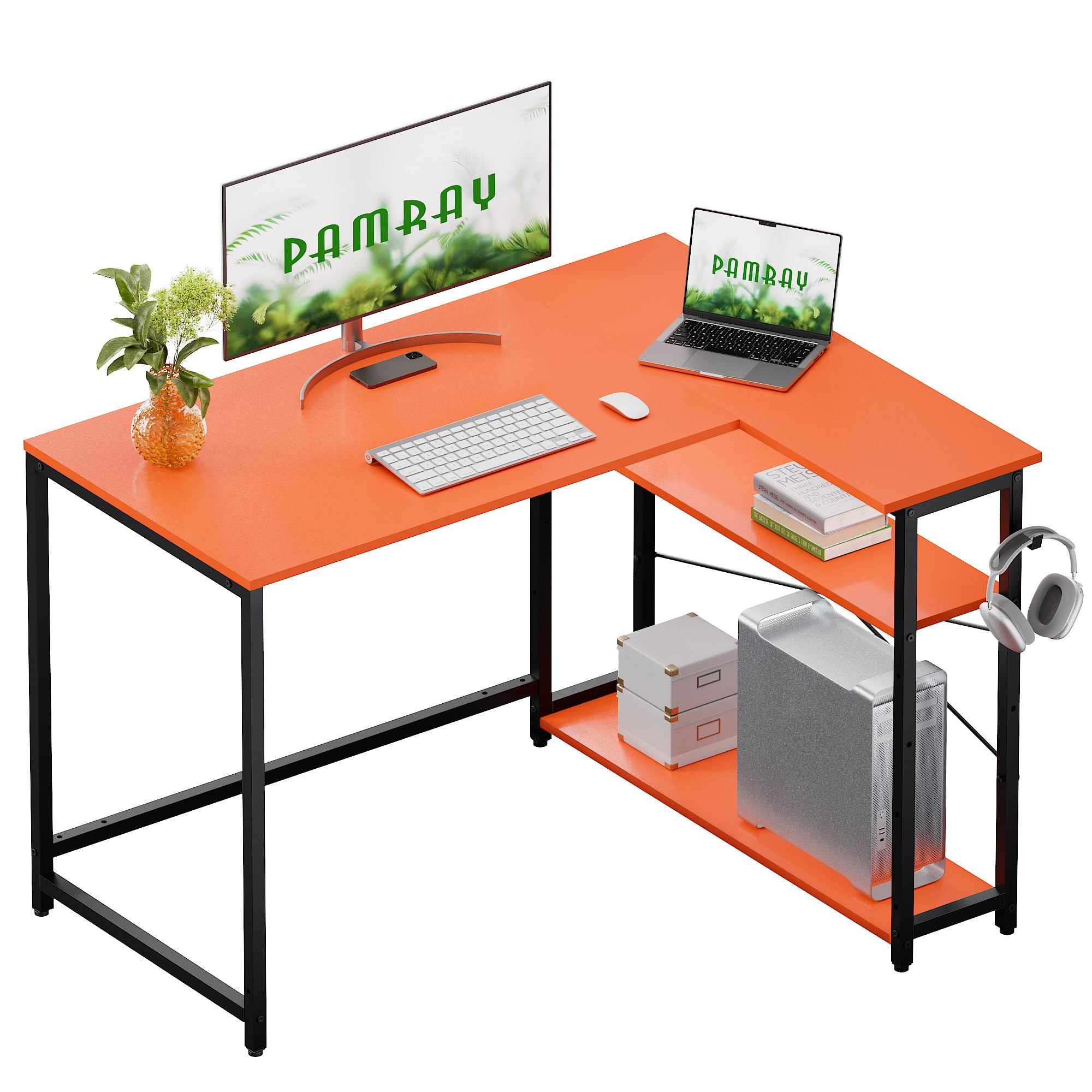 Pamray 43 Inch L Shaped Computer Desk with Reversible Side Storage Shelves - corner desk for small space