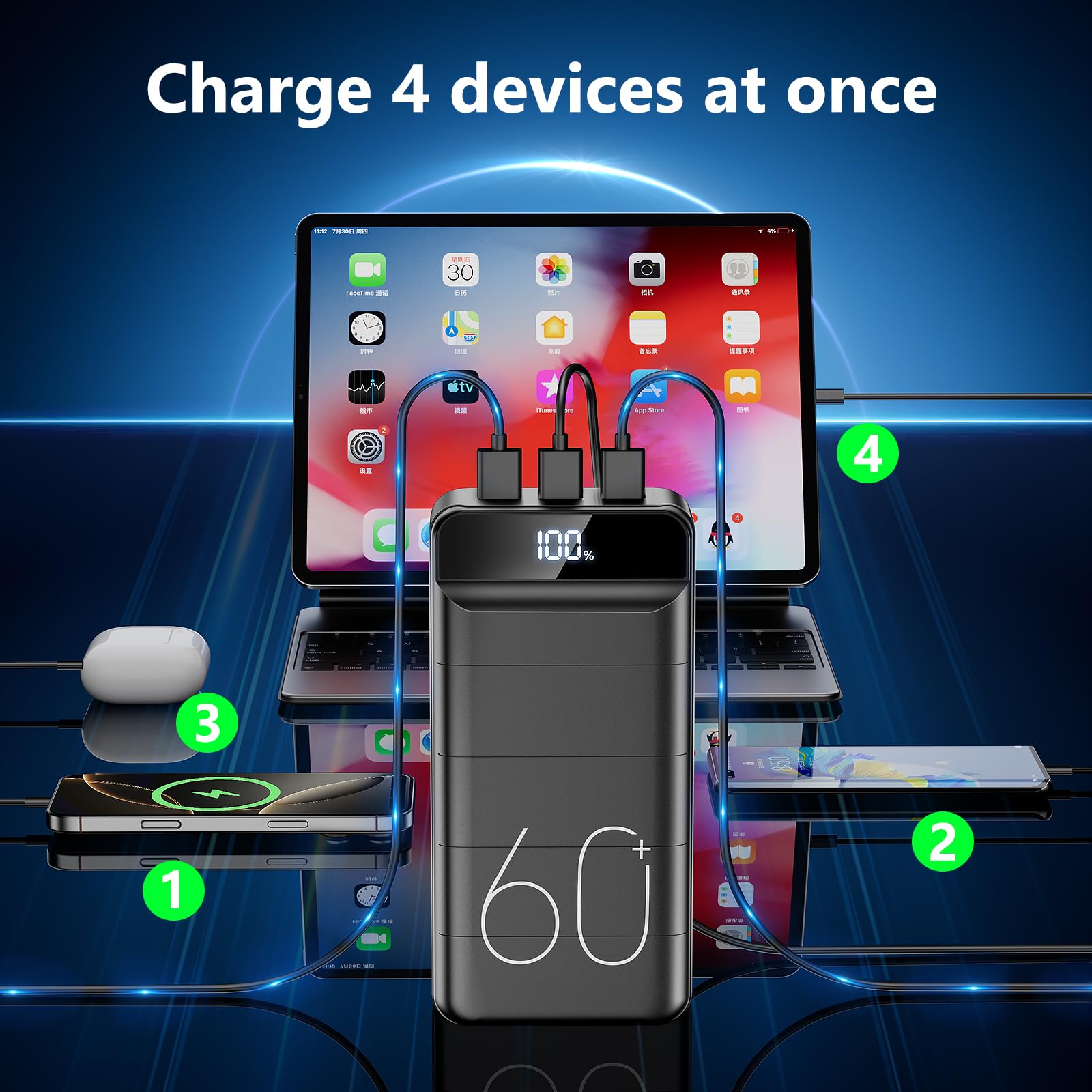 Power Bank 60000mAh 22.5W Fast Charging Portable Charger with Flashlight, 4 Outputs & 3 Inputs LED Display Huge Capacity External Battery Pack for Most Electronic Devices on The Market