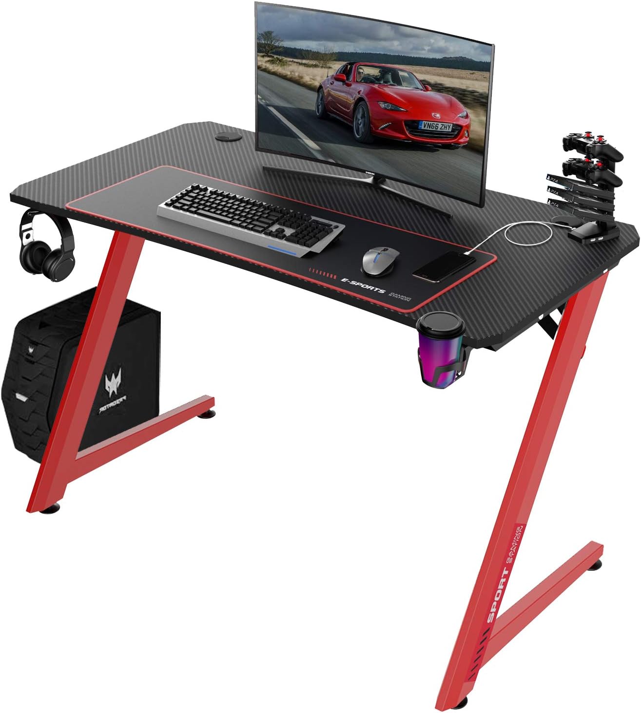 Lemberi 44 Inch Gaming Desk, Z-Shaped Computer Desk with Large Mouse Pad, Professional Game Work Station, PC Gamer Table with USB Gaming Handle Rack, Cup Holder&Headphone Hook (Red)
