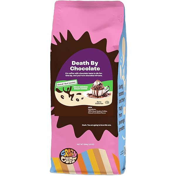 CRAZY CUPS FLAVORED GROUND DECAF CHOCOLATE COFFEE, DECAFFEINATED DEATH BY CHOCOLATE COFFEE IN 10 OZ BAG, FOR BREWING FLAVORED HOT OR ICED (PACK OF 1)