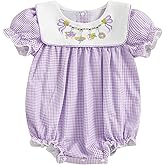 Geogenry Newborn Baby Girl Mardi Gras Outfit Bow Plaid Short Sleeve Smocked Bubble Romper Carnival Onesie Summer Clothes
