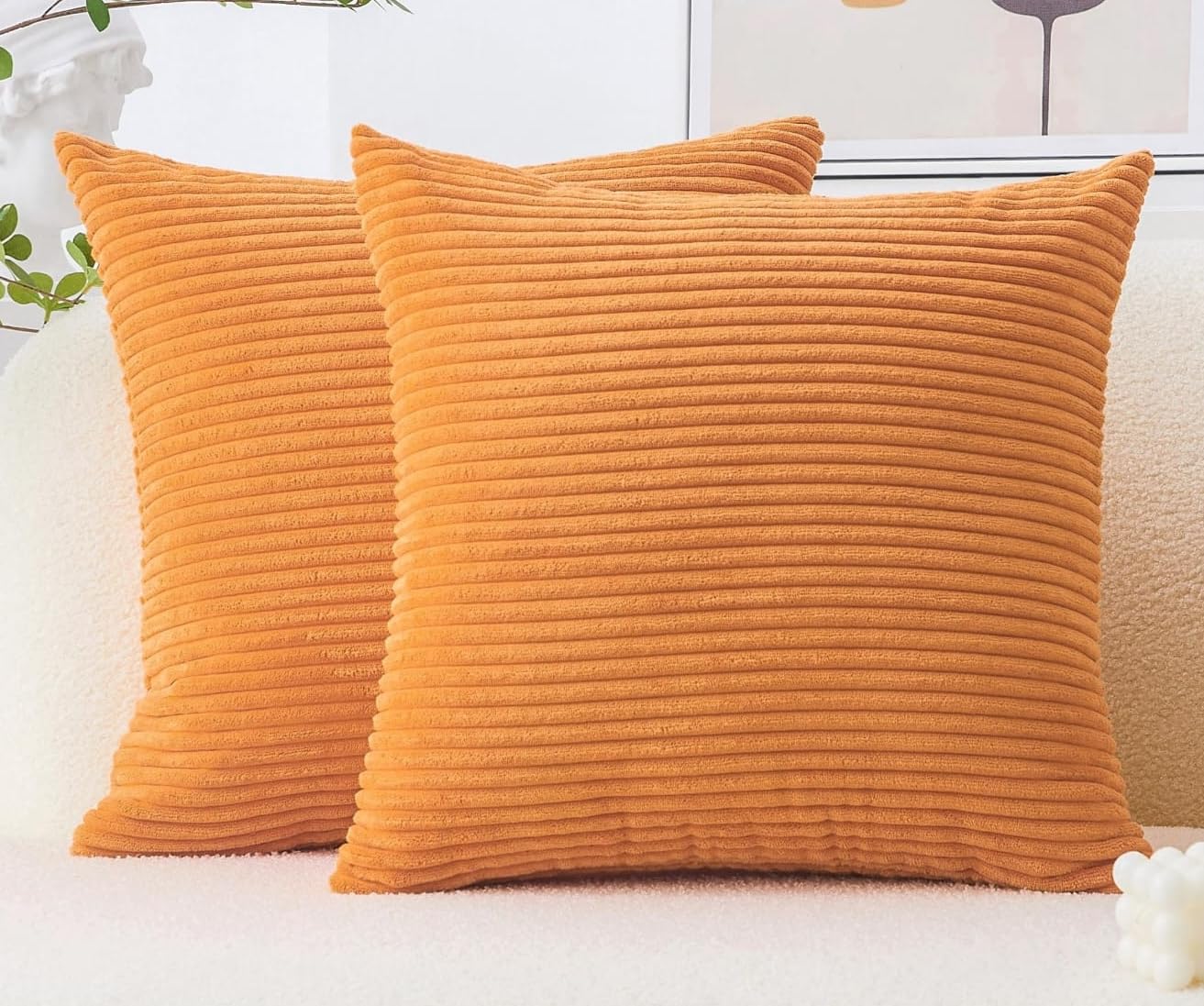 Seechoo Corduroy Cushion Covers, Set of 2, 45 x 45 cm, Striped, with Invisible Zipper, 18 x 18 Inch (Orange)