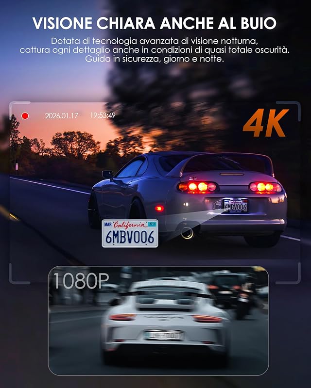 iD320 Dash Cam Auto 3 Canali, 4K, WiFi 6, Scheda 32GB Inclusa