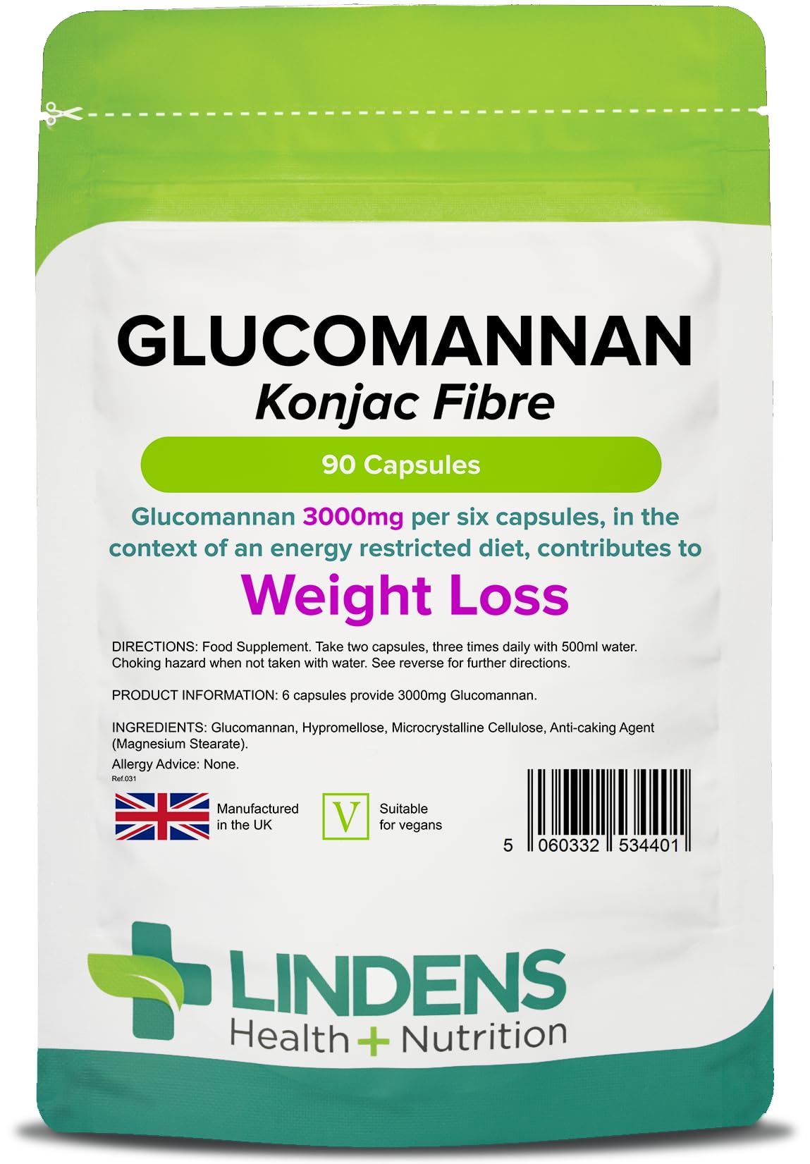 Lindens Glucomannan (Konjac Fibre) Capsules - 3,000mg Per Serving - 90 Pack - Weight Loss Aid - Contributes Towards The Reduction of Appetite - Weight Loss Supplement - Letterbox Friendly