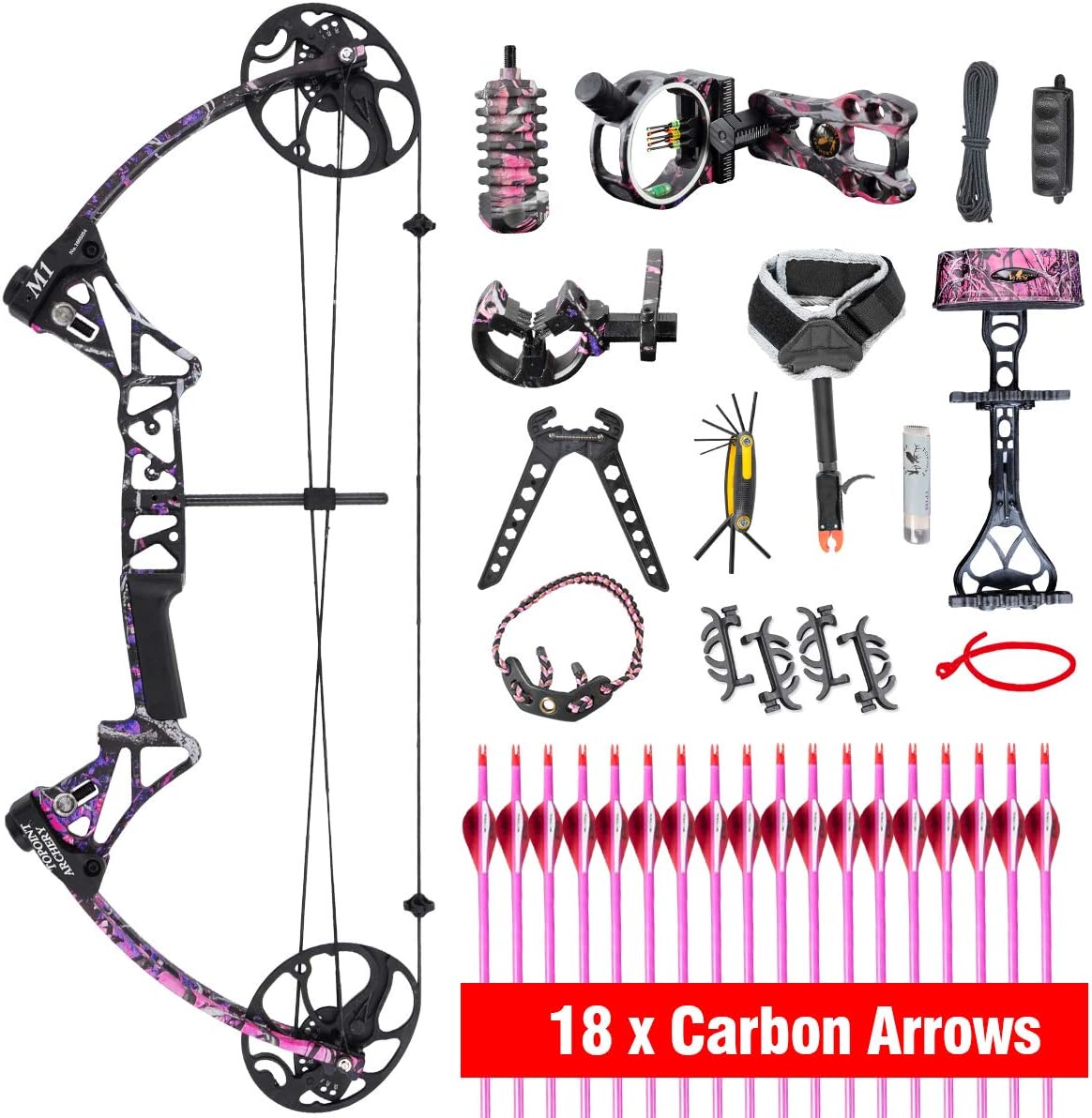 LTUPWF Womens Compound Bow Kit, Archery Compound Bow for Women, Package M1,19”-30” Draw Length,10-50Lbs Draw Weight,Limbs, IBO 320fps for Girls,Whole Muddygirl Color