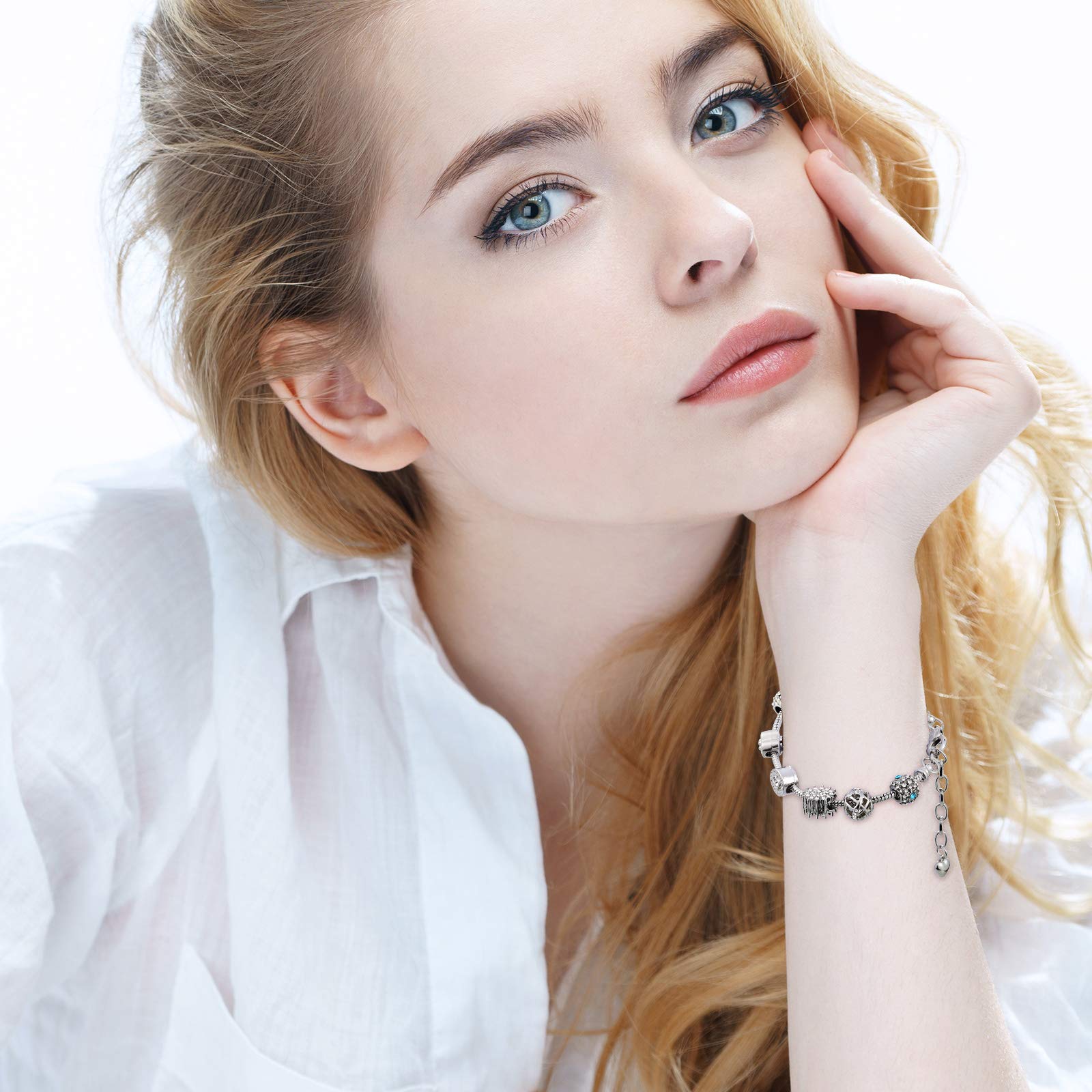 Hicarer 20 Pcs Chain Bracelet for Jewelry Making Women DIY Adjustable Snake Charm Bracelet with Heart Shape Extender Chain(Silver)