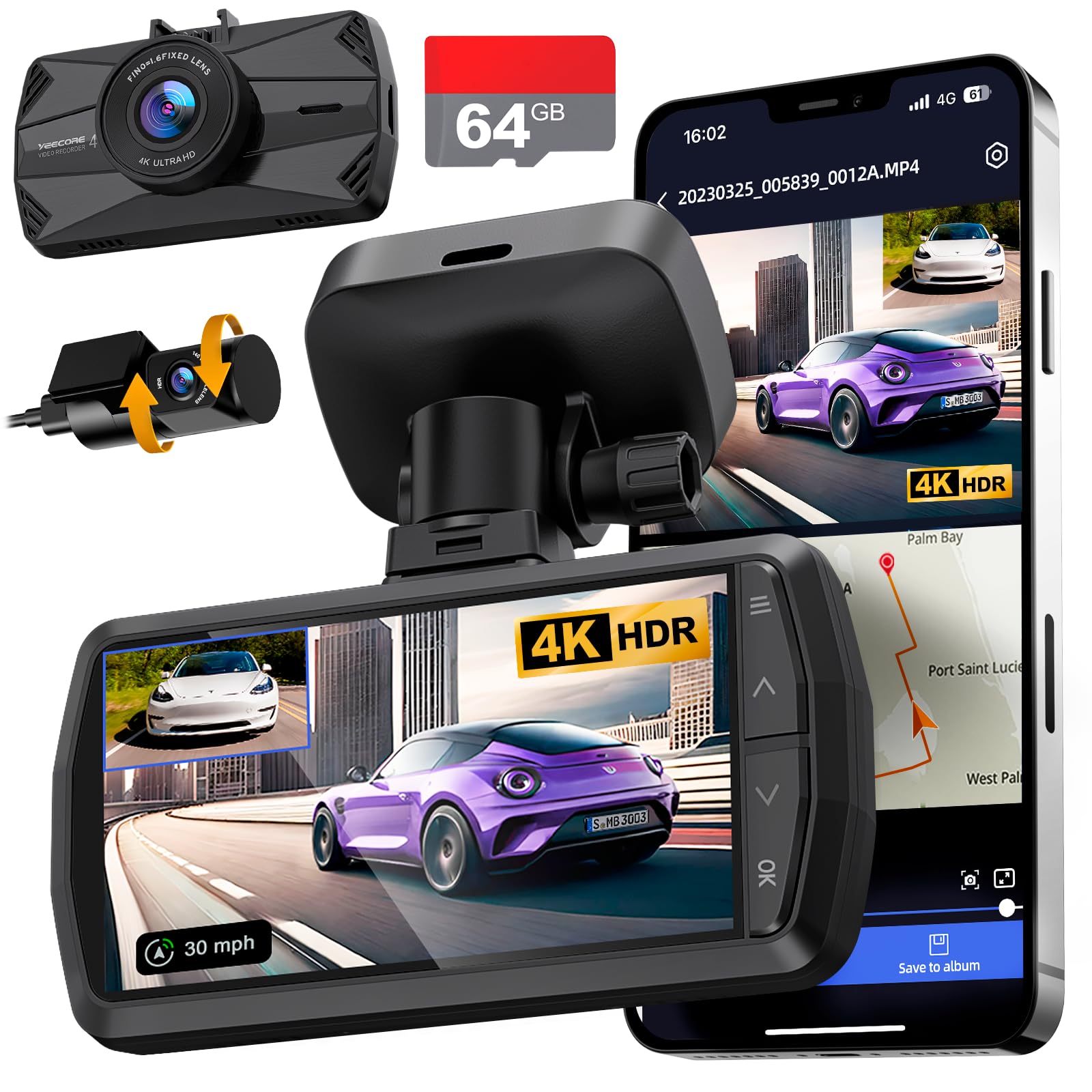 4K Dash Cam Front and Rear, Built-in WiFi GPS, 3" IPS Screen, HDR Night Vision Dash Camera for Cars, G-Sensor App Control, Emergency Lock, Accident Record, Parking Mode, Support 512GB Max Image