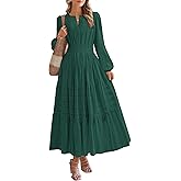 BTFBM Spring Dresses for Women 2026 Casual Long Sleeve V Neck Elastic Waist Lightweight Maxi Wedding Guest Dress Pockets