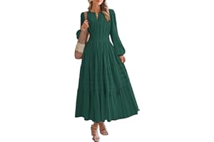 BTFBM Fall Dresses for Women 2025 Casual Long Sleeve V Neck Elastic Waist Lightweight Maxi Wedding Guest Dress Pockets
