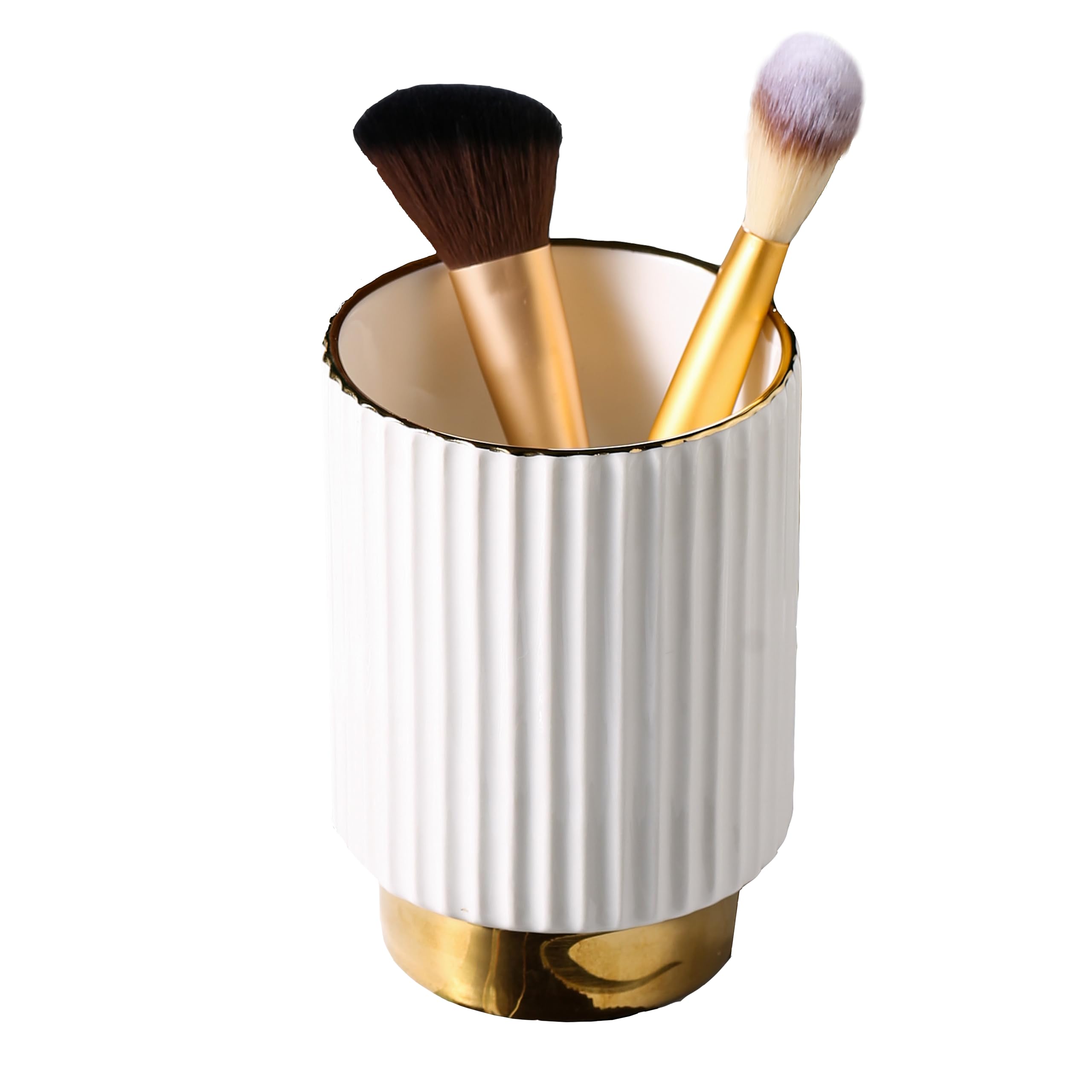 Photo 1 of IEEK Makeup Brush holder Organizer,Glass Cosmetic Makeup Brush Cup Ceramics Brushes Storage Holder,White and Gold Modern Make Up Brush Cup Pen Pencil Holder Striped Vase