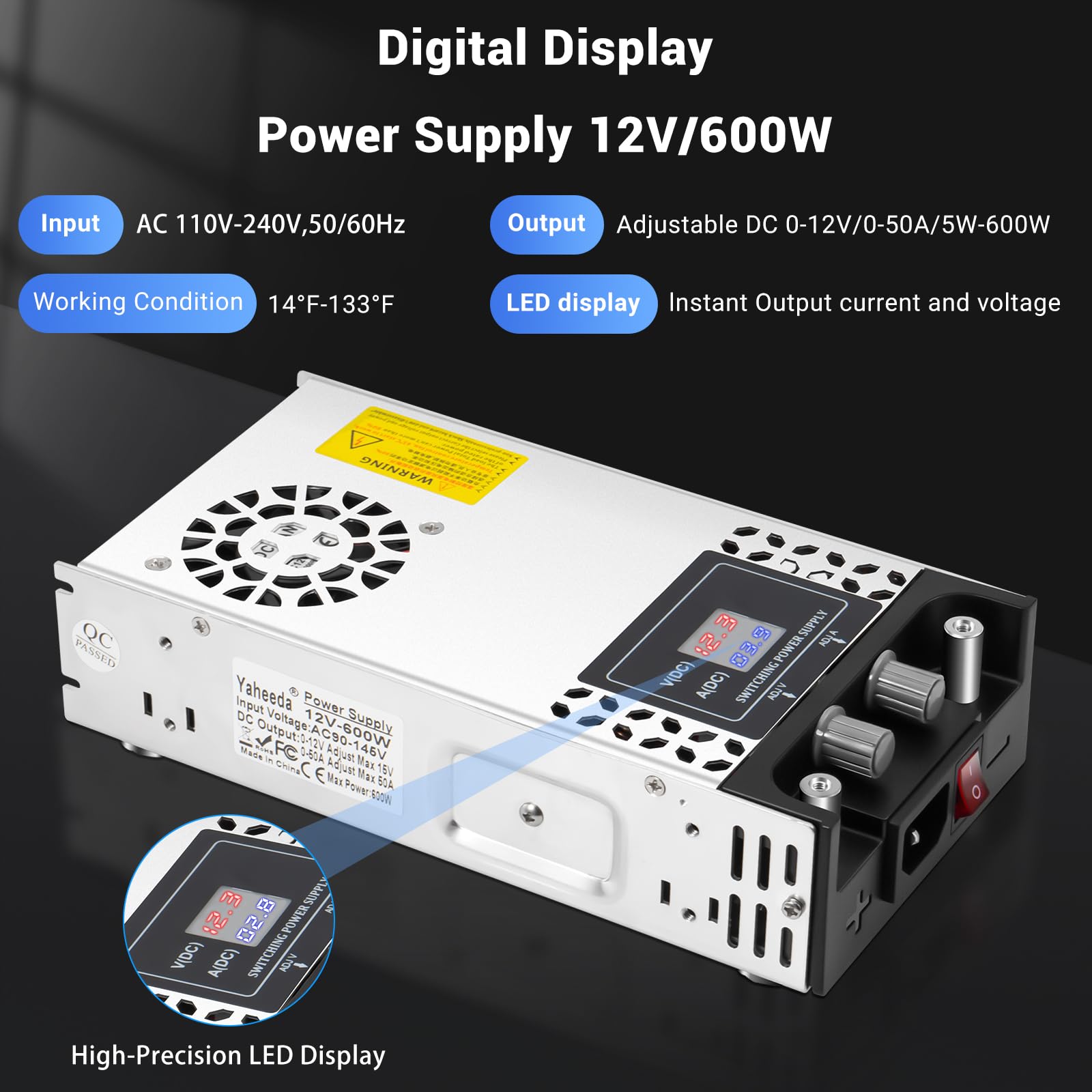 Adjustable Power Supply with LED Display - AC110V/220V to DC 0-12V Converter 600W 50A Power Supply
