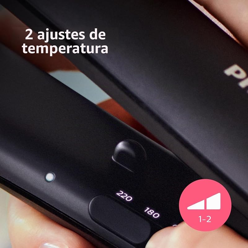 Plancha Alisadora con Placas de Cerámica y Queratina de 100 mm, Cepillo Alisador para Estilizar y Peinar con Tecnología ThermoProtect, hasta 220°C en 1 minuto, en Negro y Rosa, BHS375/00