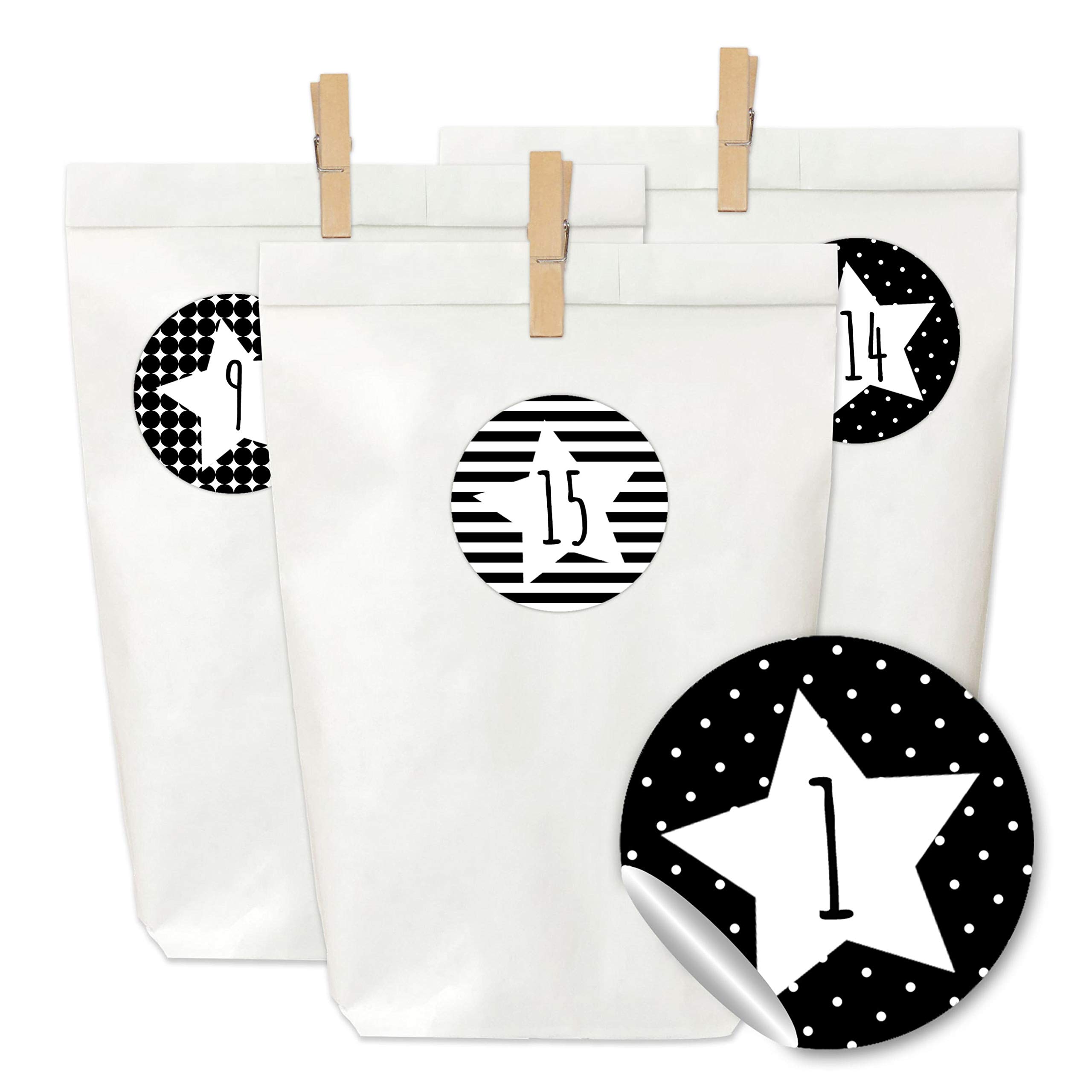 Papierdrachen Advent Calendar for filling - 24 paper bags with stickers and 24 wooden brackets - motif black stars - 30