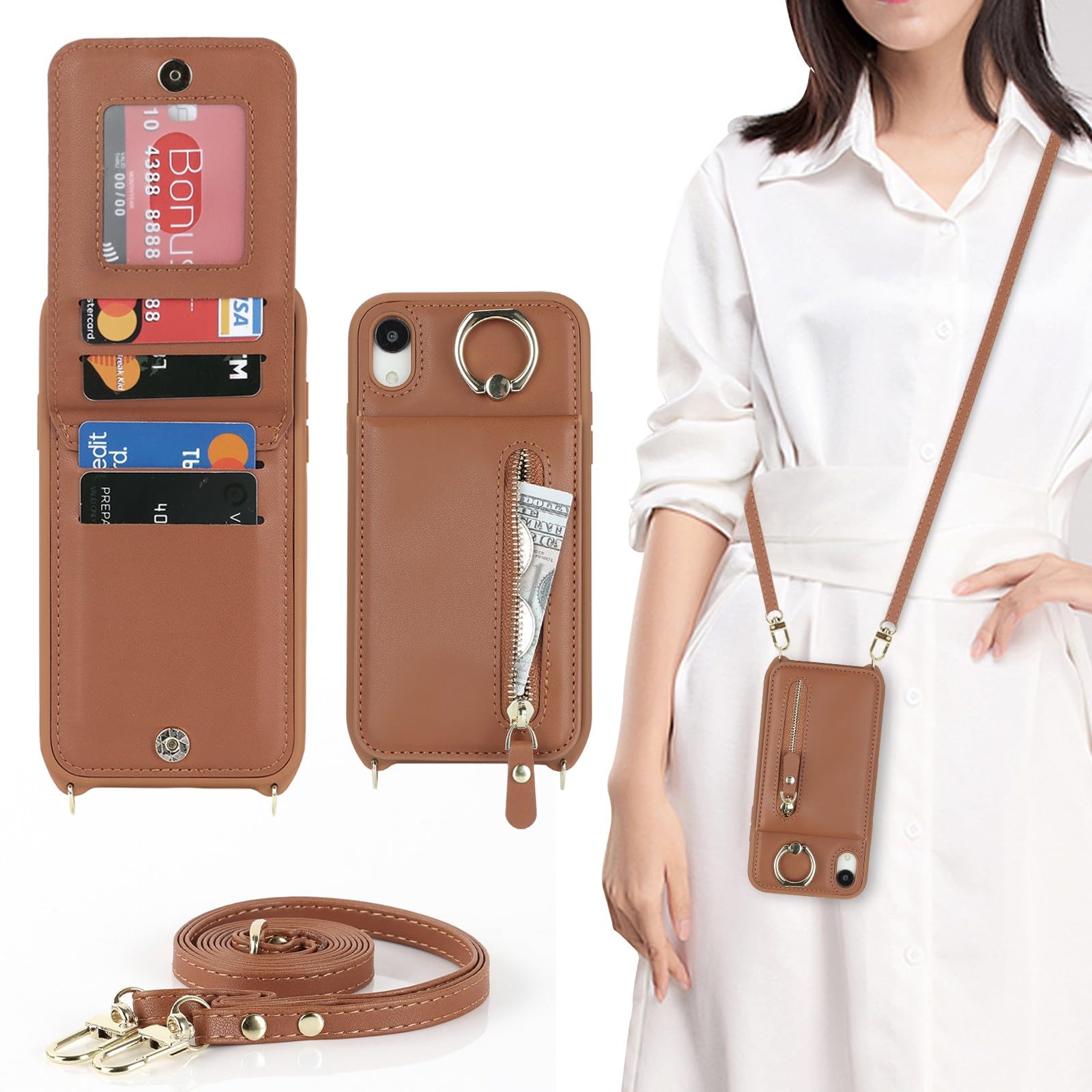 Zouzt for iPhone XR Case with Cord and Card Holde, Zipper Wallet Case with Crossbody Lanyard Ring Adjustable Necklace Protective Cover Women for iPhone XR 6.1 Inch - Brown