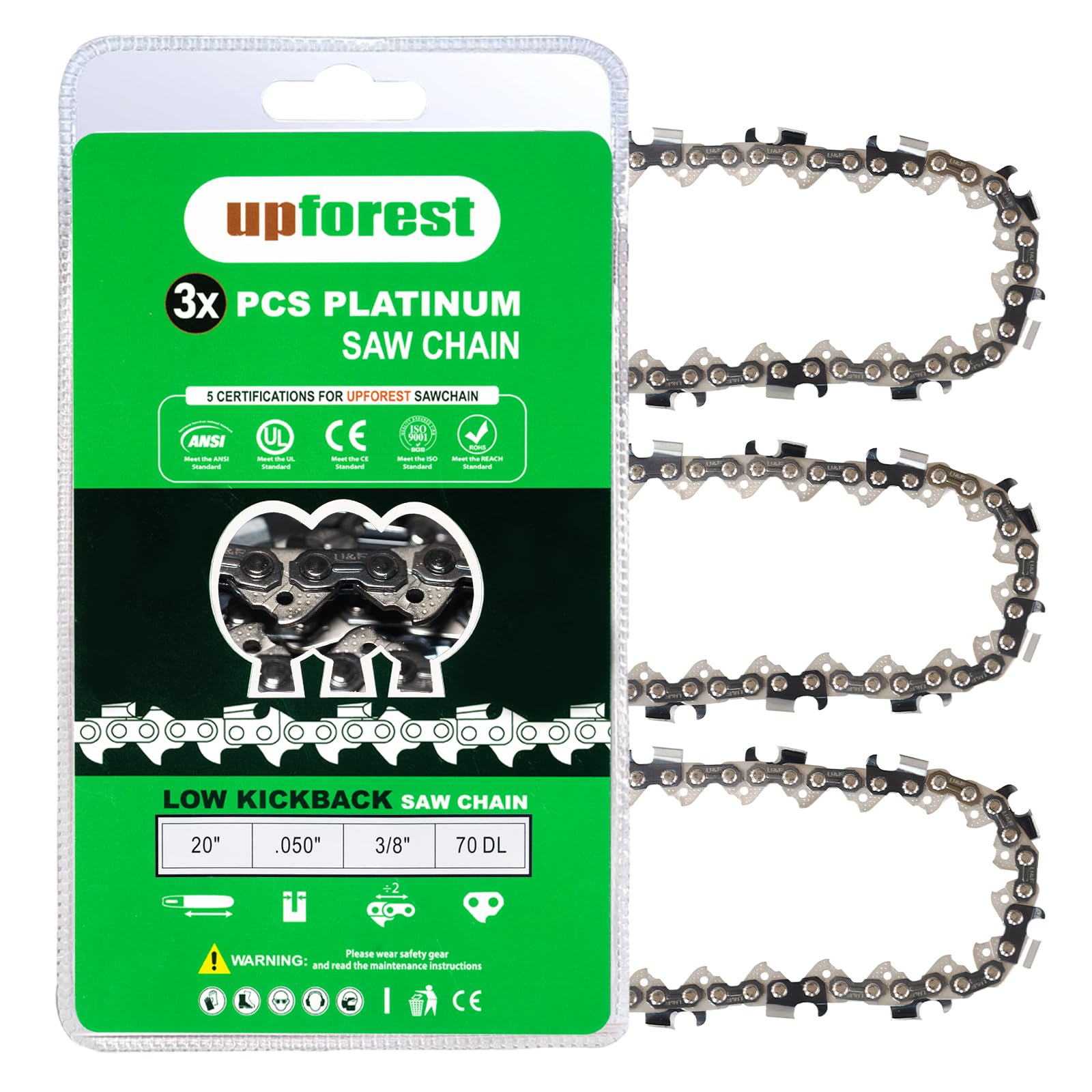UPFOREST 20 Inch Chainsaw Chain 3 Pack - D70 - .050" Gauge, 3/8" Pitch, 70 Drive Links Low Kickback fits Craftsman, Echo, Homelite, Poulan 5020, Remington(72YL70X3) Image