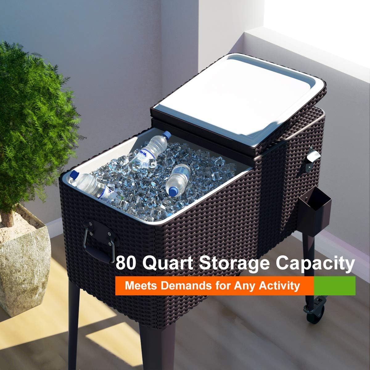 Amazon Com Giantex 80 Quart Rattan Rolling Cooler Cart Outdoor Patio Portable Party Drink Beverage Bar Cold Beach Chest Cart On Wheels Brown Wicker 32 7 L X18 9 W X43 3 H Sports Outdoors