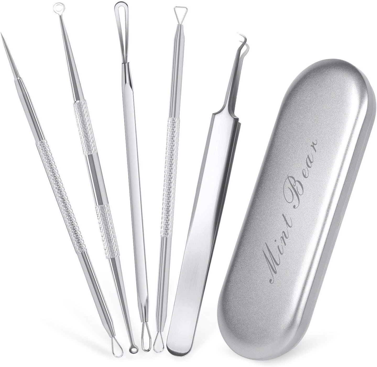 Blackhead Remover Tools Kits, 5pcs Pimple Acne Removal Tool Professional Stainless Steel Comedone Extractor Kit with Metal Case, Treatment for Blemish Whitehead Popping Zit Removing by MintBear