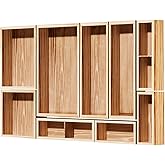 9-Pack Solid Wood Drawer Organizer, Modular Junk Drawer Organizer with Non-Slip Pad, Multi-Use Storage for Kitchen Office Bedroom Dresser for Utensil Stationery Makeup Stationery Tea & Coffee Pod