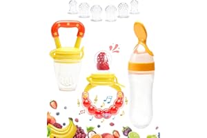 Gedebey Baby Food Pacifier Feeder - 3 Pack | 2 Silicone Baby Feeder Pacifiers & 1 Feeding Spoons for Babies | Baby Fruit Food Feeder Pacifier | Baby Fruit Teethers | Silicone Teether Feeder (Yellow)