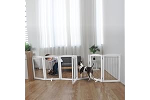 ZJSF Free Standing Panel Dog Gate with Door for Indoor,Doorways,House, Hallways,or Stairs Freestanding Foldable Gate for Dog White Wooden Puppy Gate Pet Gate 32''H