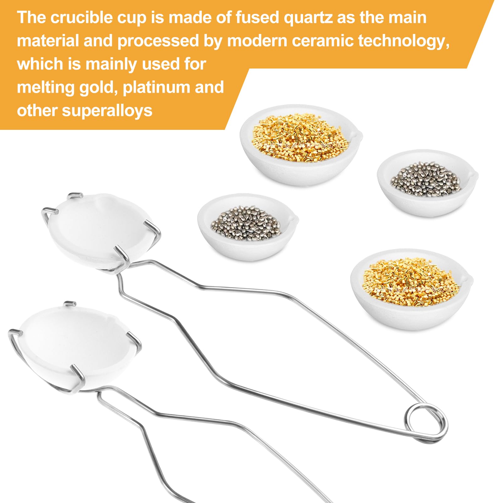 Asany 10 Pcs Small Melting Ceramic Crucible Dish Cup Set, 8 Pcs Ceramic Quartz Crucible Dish Cup, 2Pcs Gold Silver Copper Whip Tongs Handle 2A Jewelry Refining Casting Pot, white
