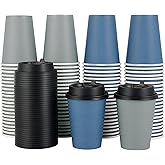 LITOPAK 100 Pack 12 oz Disposable Paper Coffee Cups with Lids for Coffee, Water, Juice, or Tea, Blue and Gray Hot Paper Cups for Home, Restaurant, Store, and Cafe