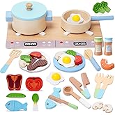 Play Kitchen Accessories, Wooden Play Cooking Set, Pretend Play Kitchen Set for Kids, Including Stove, Cookware Pots and Pans, Cooking Utensils Playset, Cutting Food Playset for Girls Boys Toddler