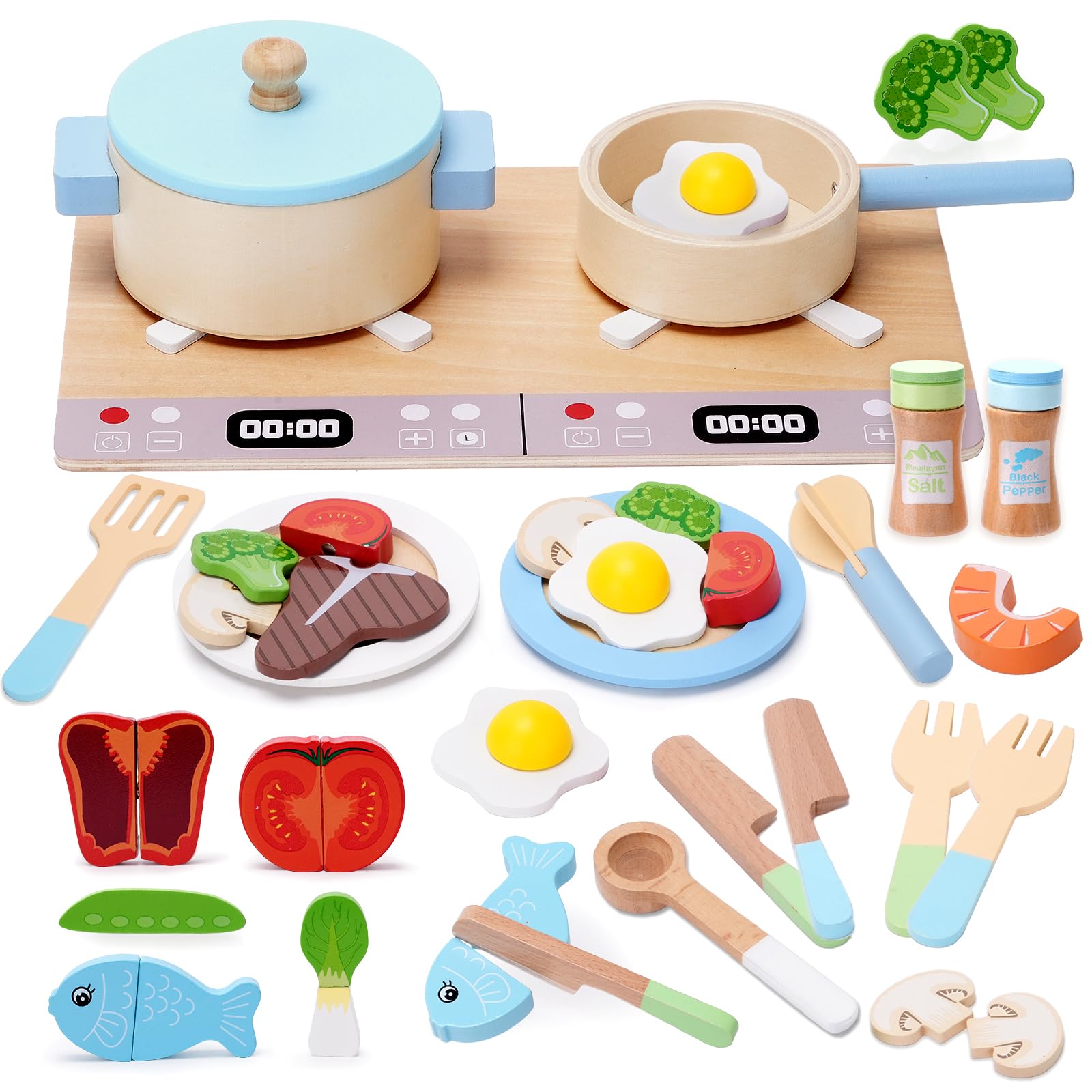 Photo 1 of Play Kitchen Accessories, Wooden Play Cooking Set, Pretend Play Kitchen Set for Kids, Including Stove, Cookware Pots and Pans, Cooking Utensils Playset, ?Cutting Food Playset for Girls Boys Toddler