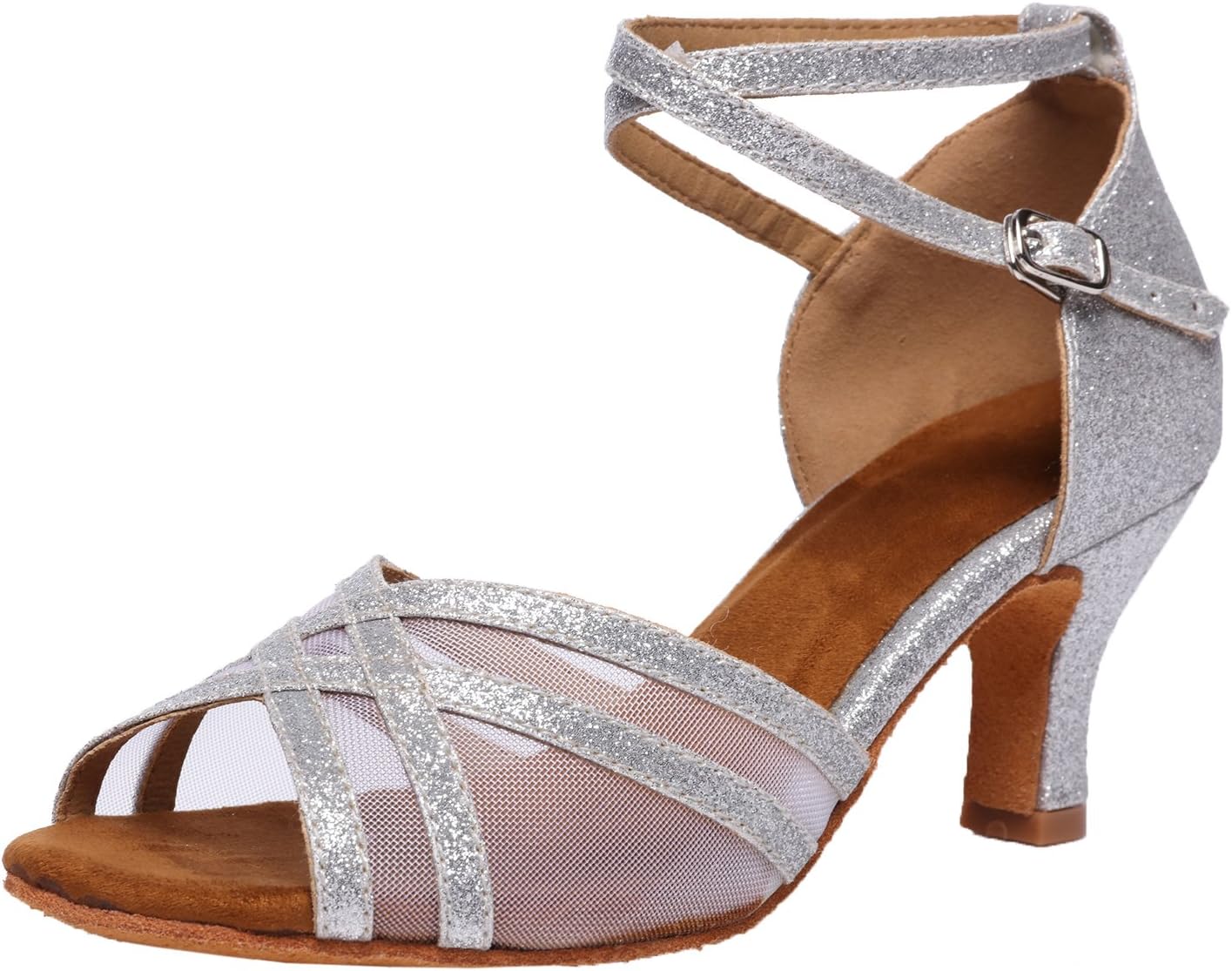 AkanuWomen's Latin Dance Shoes Female's Ballroom Salsa Dance Shoes Gold Silver 2.5 Inch Heel