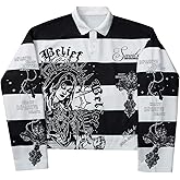 VIPWOLF Men's Y2K Punk Graphic Sweatshirts Striped Long Sleeve Grunge Rugby Pullover Streetwear