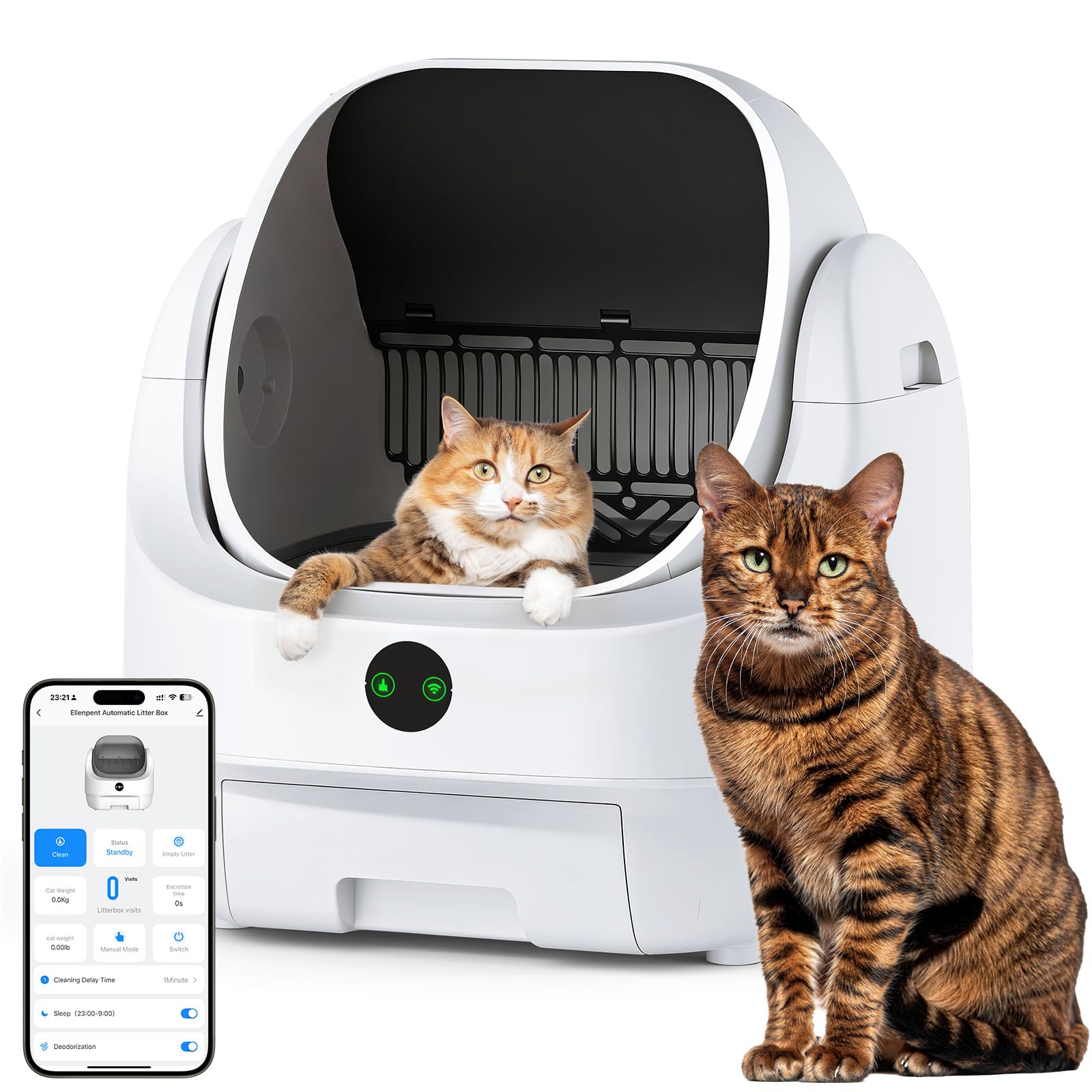 Katzenklo Selbstreinigend Offen, Ellenpent Elektrische Katzentoilette | Automatisches Katzenklo, Geruchskontrolle, App-Steuerung & 11 Sensoren, Schnelle Eingewöhnung, Tiefenreinigung, Handsfrei