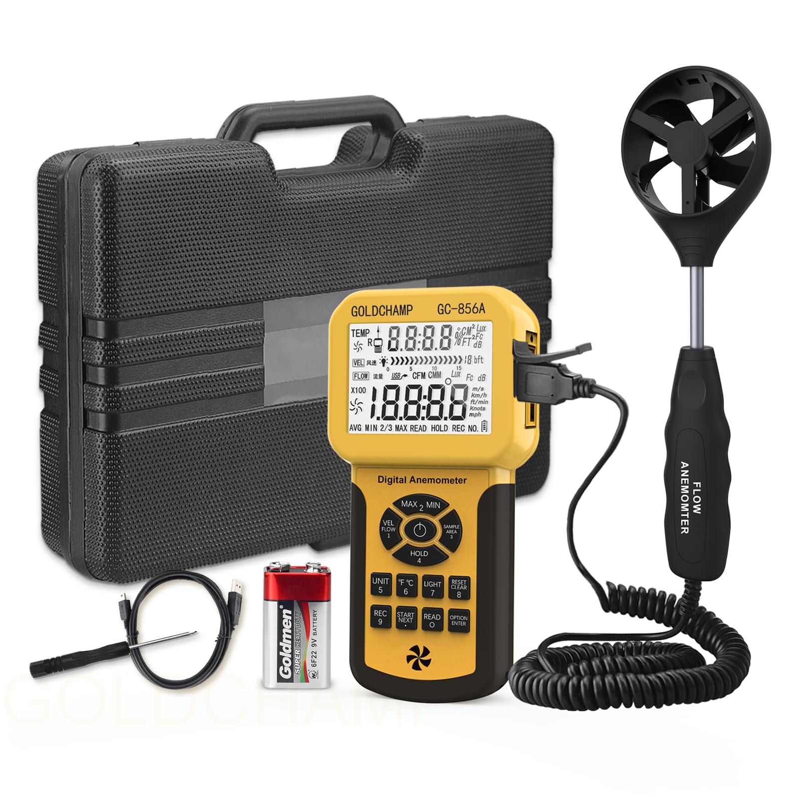 CFM Anemometer Handheld, HVAC Air Flow Meter 0.3-45m/s Professional GC-856A Digital Wind Gauges, with USB Interface Connect to Computer, Temp Test, Data Record, Wind Speed Meter GOLDCHAMP — image 1