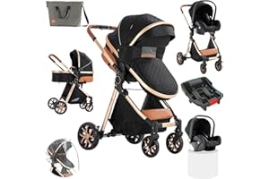 Sianldcone 3 in 1 Baby Stroller Travel System Combo Set, Reversible Convertible Infant Stroller with One-Click Folding, Toddler Newborn Pram Carriage with Aluminum Frame (UDV9-BLACKGOLD with Base)