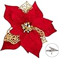15 Pieces Poinsettia Artificial Christmas Flowers Decorations Xmas Tree Ornaments Red Glitter Gold with Clips