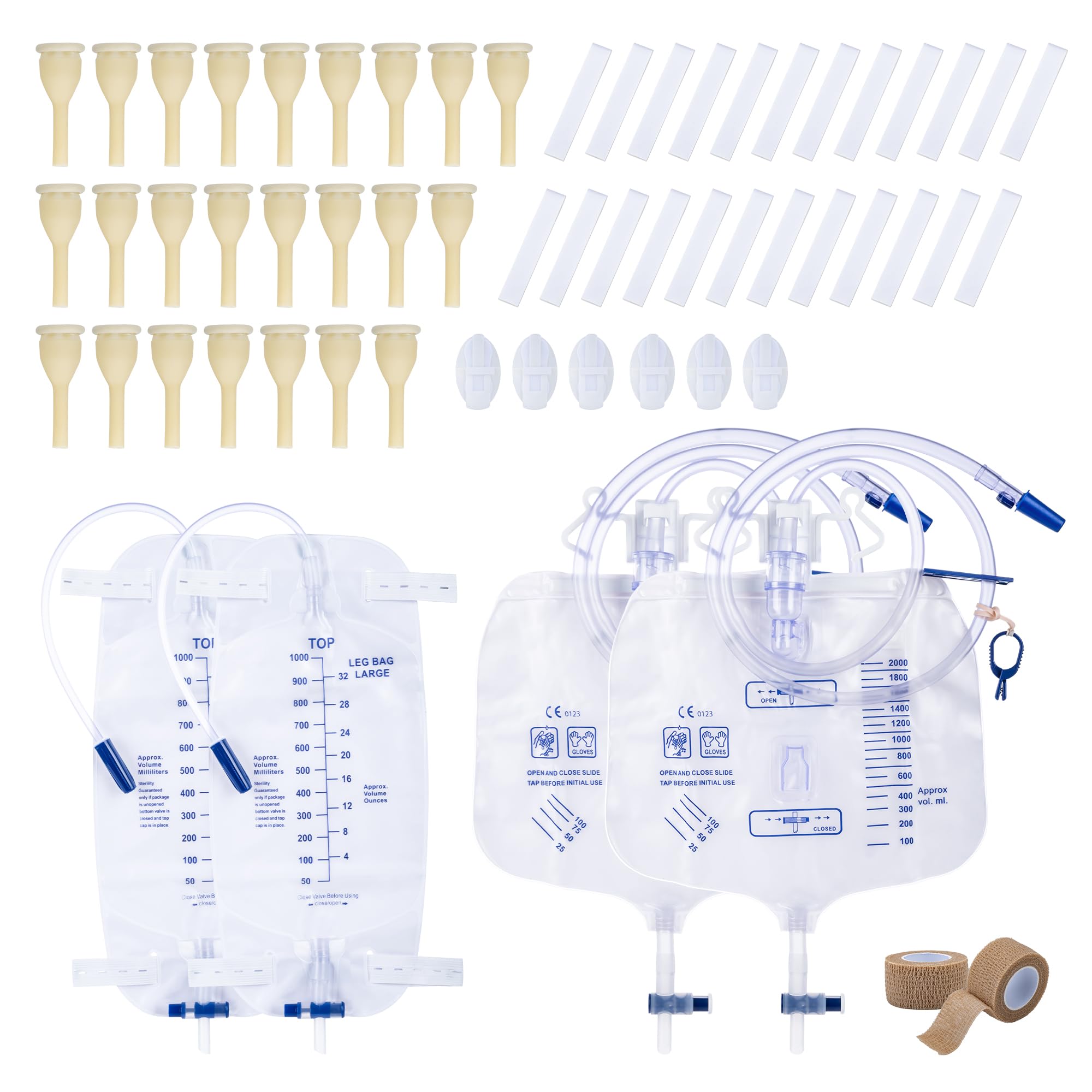 Photo 1 of External Condom Catheter for Men Kit, 24 Soft Latex, 6 Catheter Stabilization Devices, 2 x 1000mL Urinary Leg Bags, 2 x 2000mL Overnight Catheter Bag, 2 Roll Tapes Set for Incontinence Men Use (25mm)