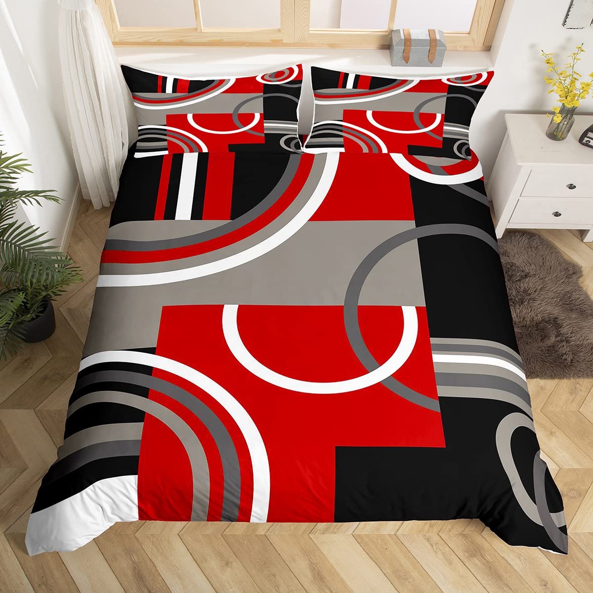 Geometric Bedding Set Barclay Arcs Shapes Duvet Cover Set for Kids Boys Girls Modern Comforter Cover Red Black Grey 3Pcs Bedding Double — image 1