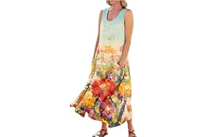 RDEGOOCHA Women 2024 Summers Summer Tank Dress Sleeveless U Neck Printed/Solid Boho Beach Shirt Maxi Dresses with Pocket