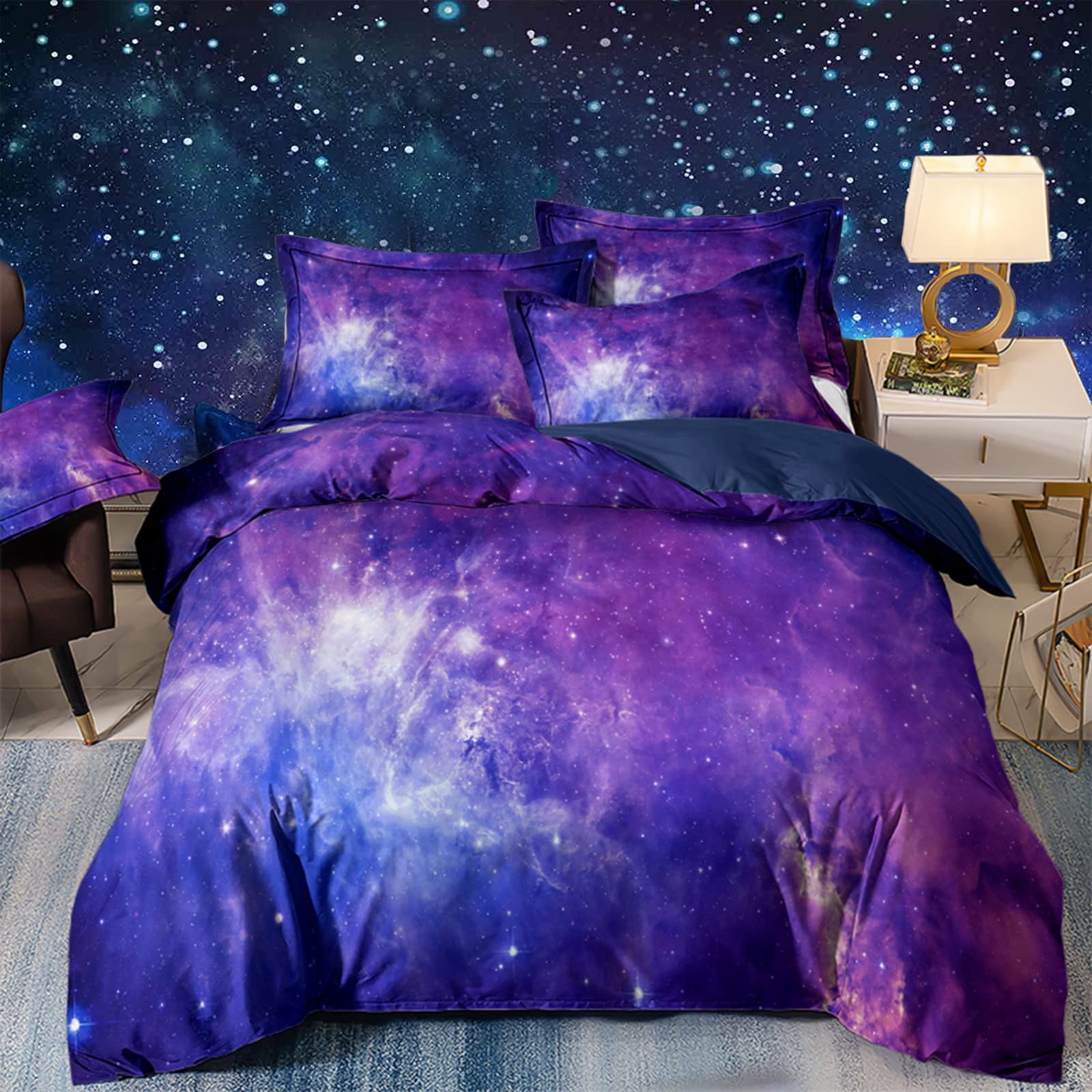 DJY 3D Galaxy Duvet Cover Sky Universe Star Bedding Set Double Size Soft Microfiber Purple Duvet Set 3D Bedding with Zipper Closure for Kids Teens Adults (3PCs 200x200cm)