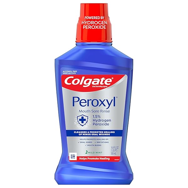 COLGATE PEROXYL ANTISEPTIC MOUTHWASH AND MOUTH SORE RINSE, 1.5% HYDROGEN PEROXIDE, MILD MINT – 500ML, 16.9 FLUID OUNCES