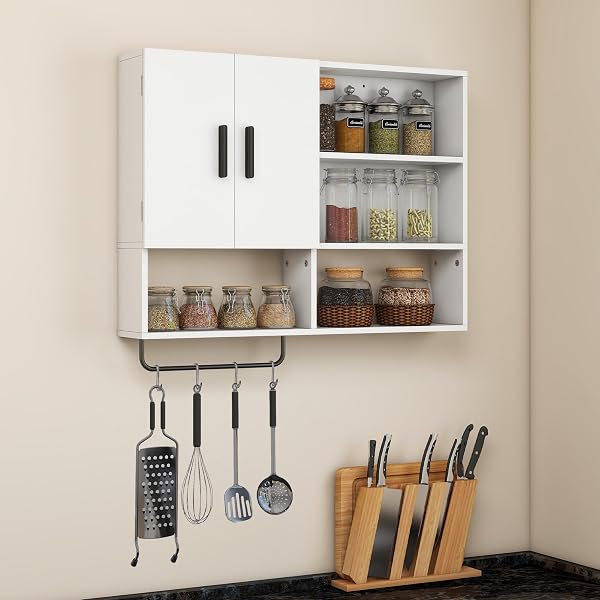 VAVKORKULA MEDICINE CABINET, WOODEN BATHROOM WALL CABINET WITH 2 DOORS, ADJUSTABLE SHELVES & TOWEL BAR, OVER TOILET STORAGE CABINET WALL MOUNTED FOR KITCHEN & LAUNDRY, WHITE