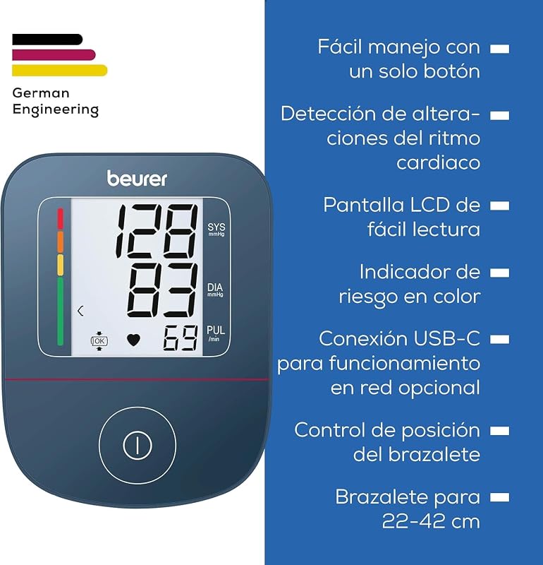 BM 25 Tensiómetro de brazo, operación sencilla con un botón, medición precisa, detección de arritmias, con puerto USB-C, brazalete para 22-42 cm, transferencia de datos a Apple Health y más
