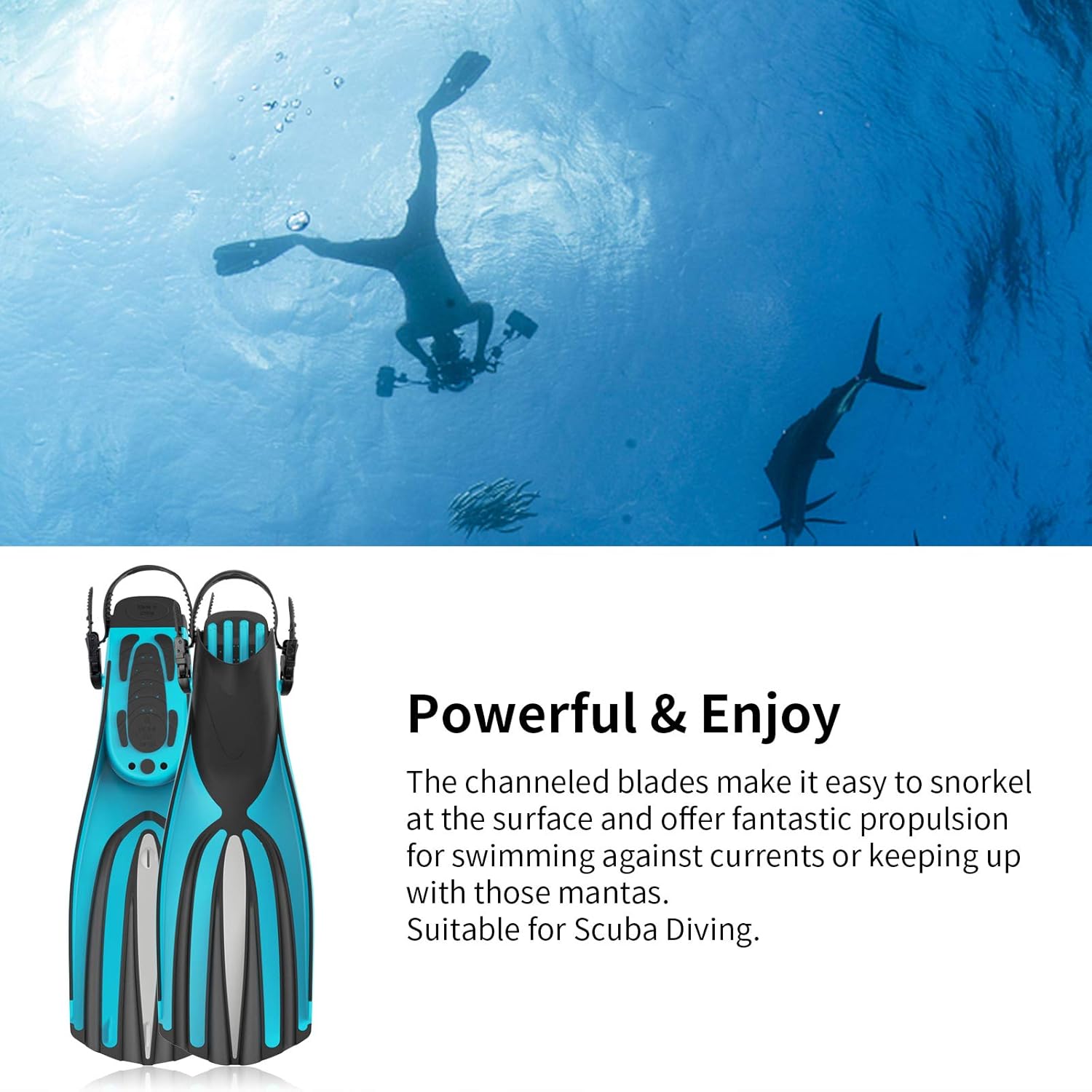 Scuba Diving Fins with Open Heel, Adjustable Buckles, 4 Channel Blades, TEP&TPR High Toughness Material for Snorkeling, Swimming, Professional Free Diving Fins for Adults Women, Men : Sports & Outdoors