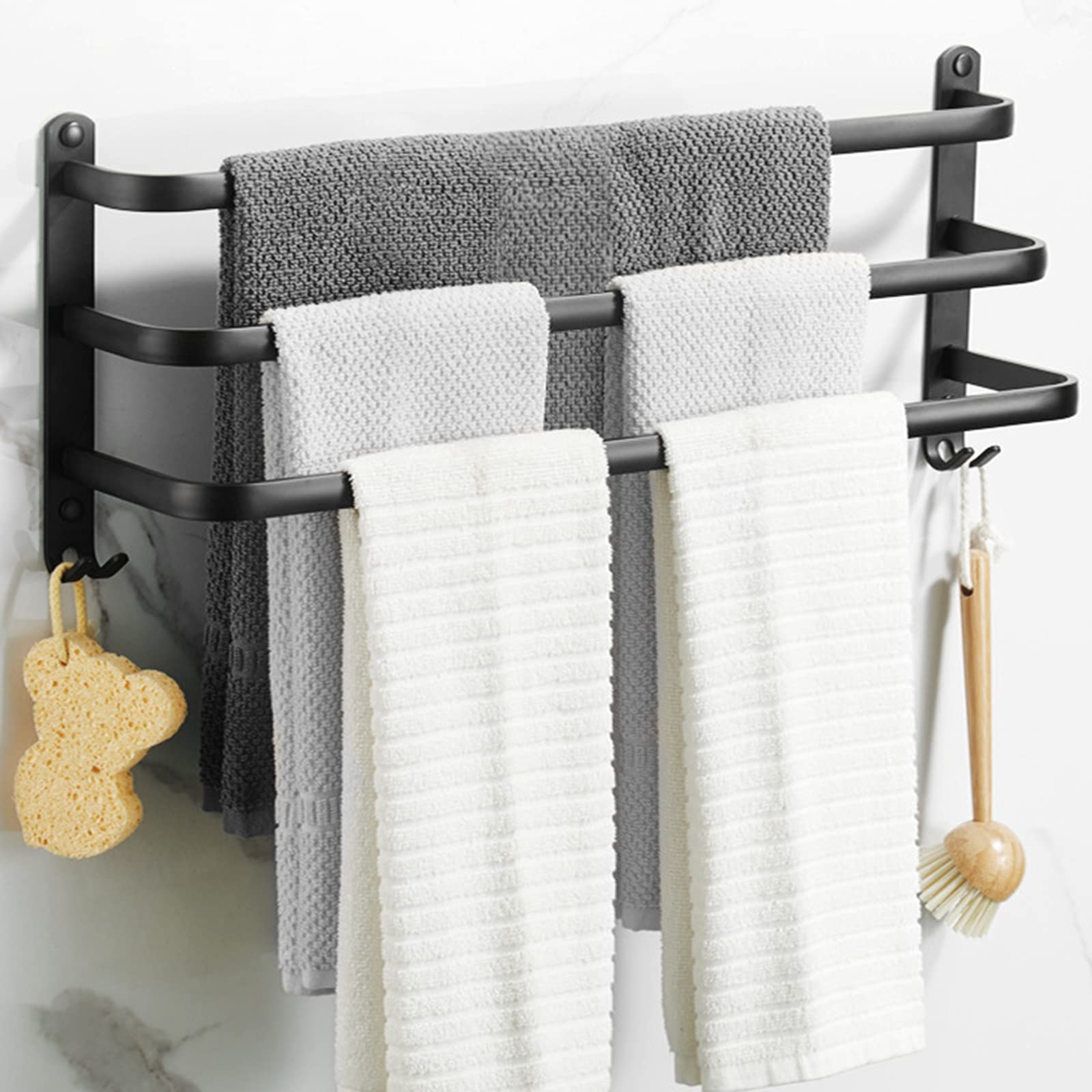 Bathroom Towel Holder 60 cm, Towel Rack Black Matt Towel Rail with Three Towel Rails and Hook Design, Ladder Towel Rack, Towel Rails No Drilling Required